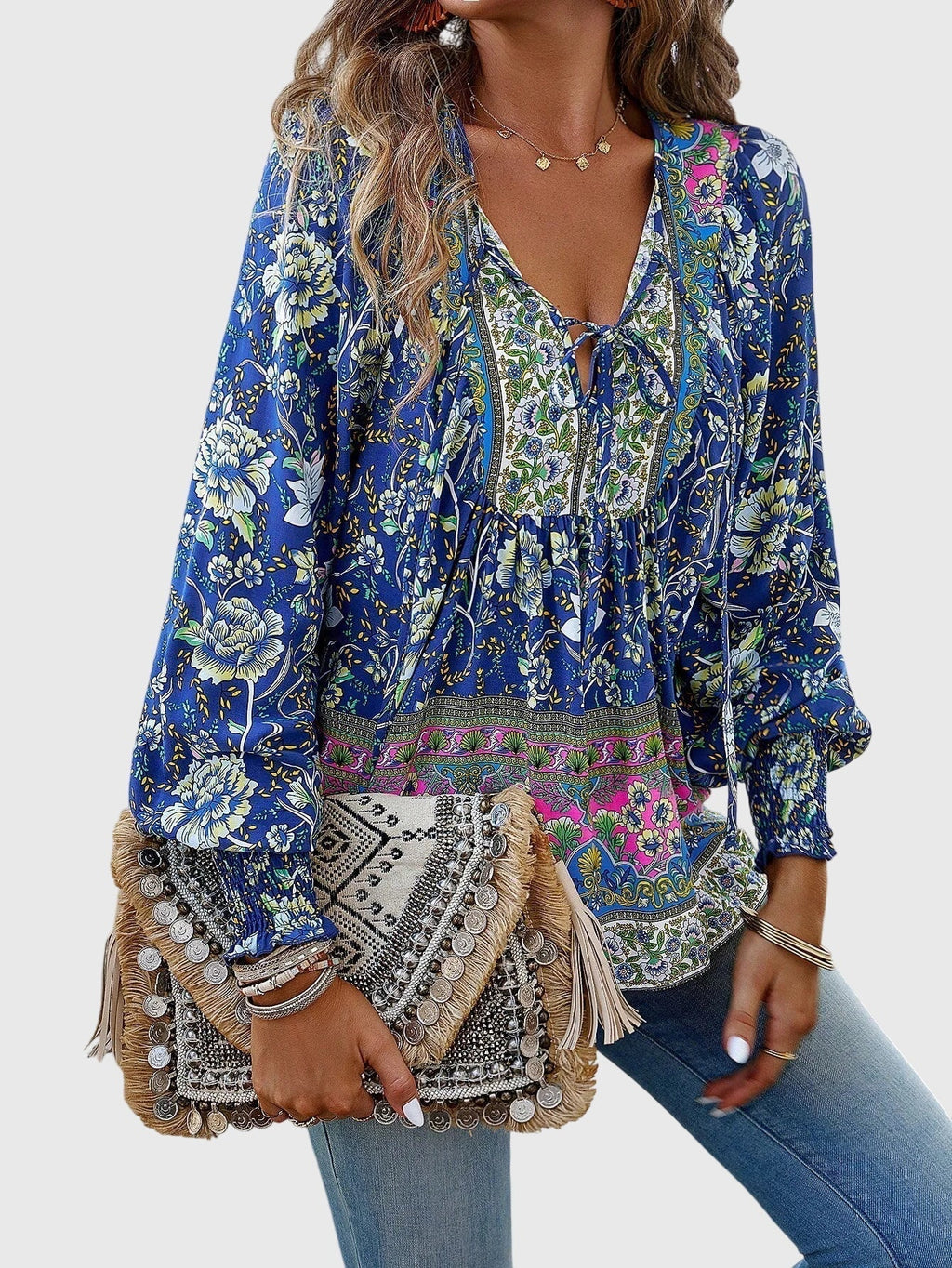 Davellia | Women's Boho Floral V-Neck Blouse