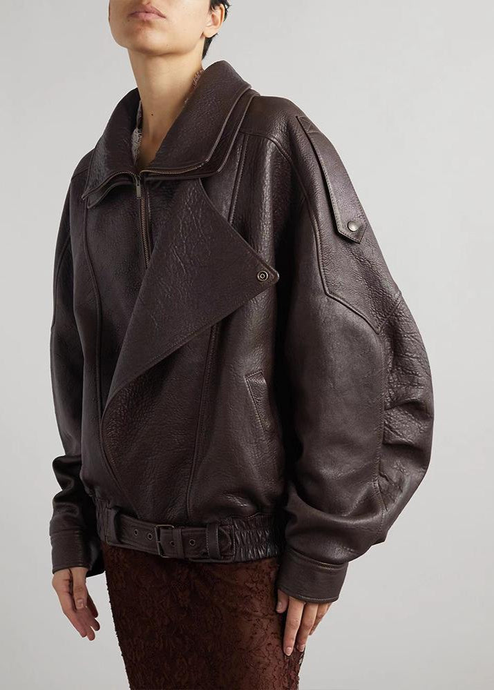 Davellia | Women’s Belted Oversized Leather Bomber Jacket
