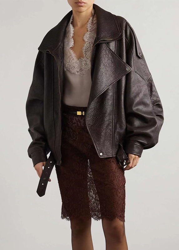 Davellia | Women’s Belted Oversized Leather Bomber Jacket
