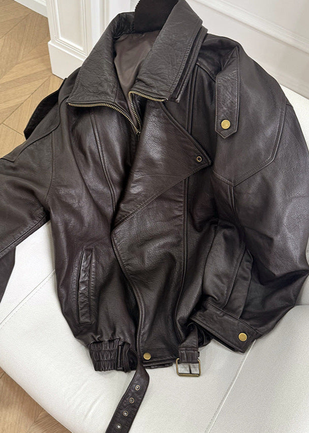Davellia | Women’s Belted Oversized Leather Bomber Jacket