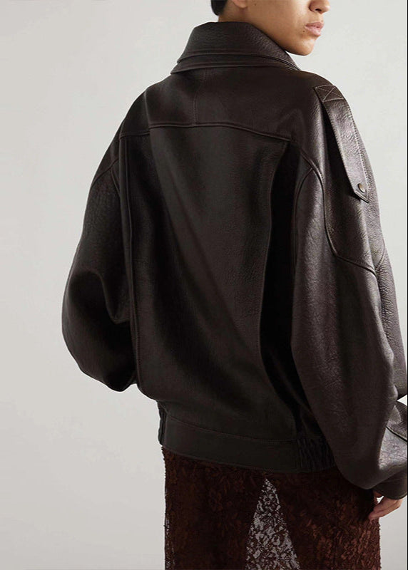 Davellia | Women’s Belted Oversized Leather Bomber Jacket