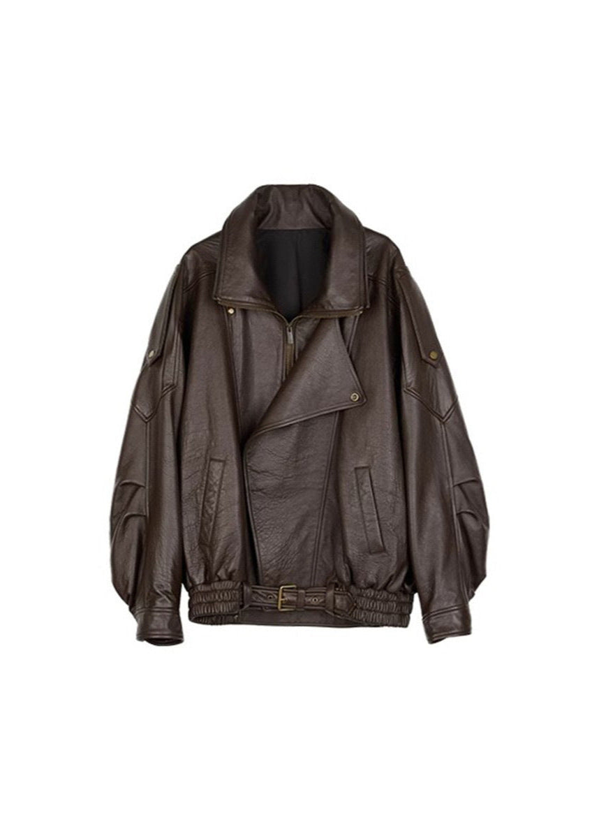 Davellia | Women’s Belted Oversized Leather Bomber Jacket