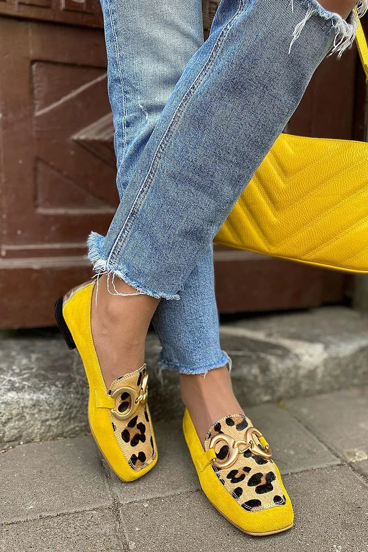 Davellia | Yellow Loafers with Animal Print Detail