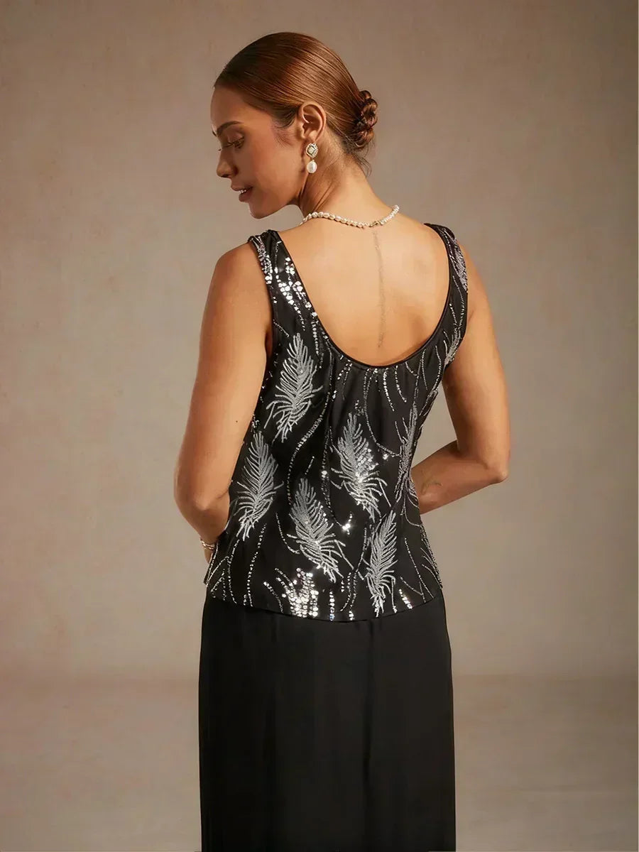Davellia | Elegant Sequin Feather Print Twinset Blouse