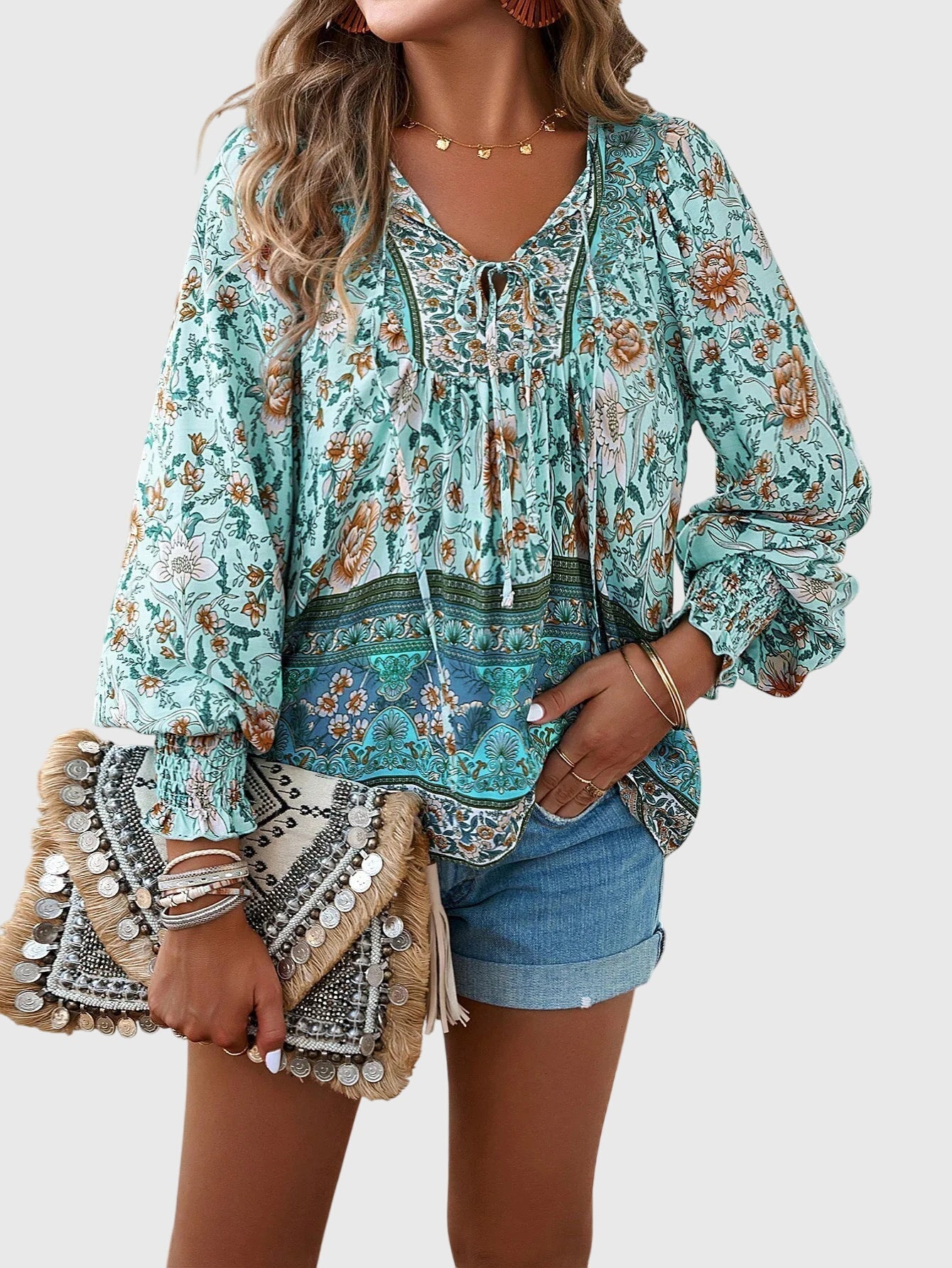 Davellia | Women's Boho Floral V-Neck Blouse