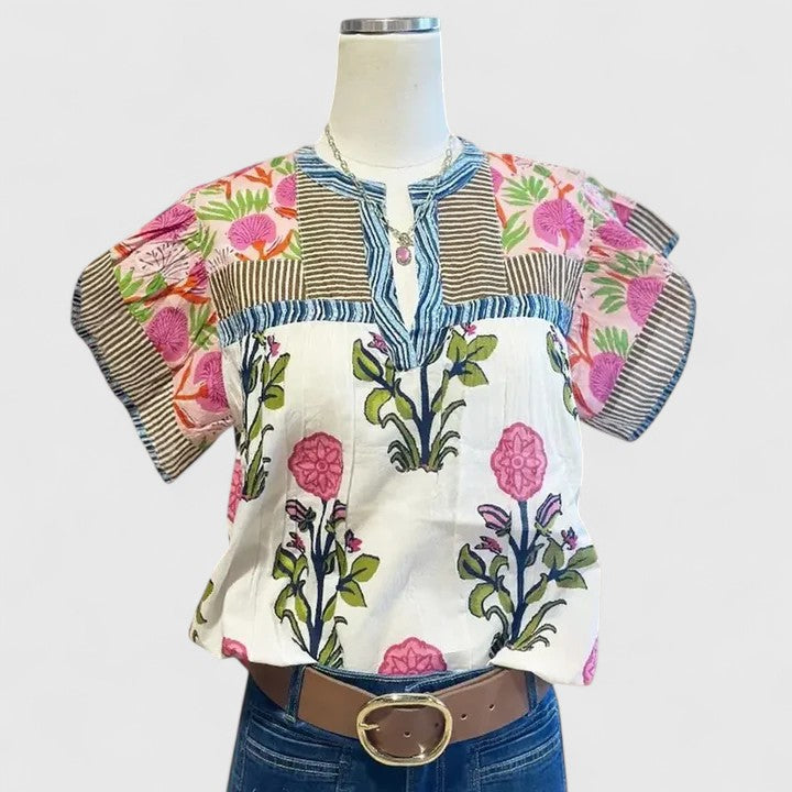 Davellia | Women's Boho Floral Short Sleeve Blouse
