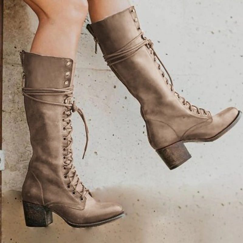 Davellia | Women’s Lace-Up Knee-High Boots with Block Heel