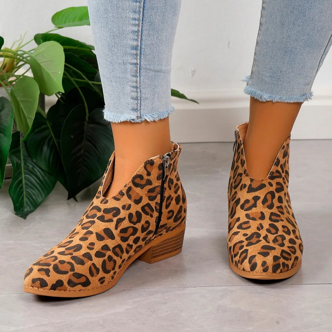 Davellia | Women’s Leopard Print Ankle Boots with Zipper