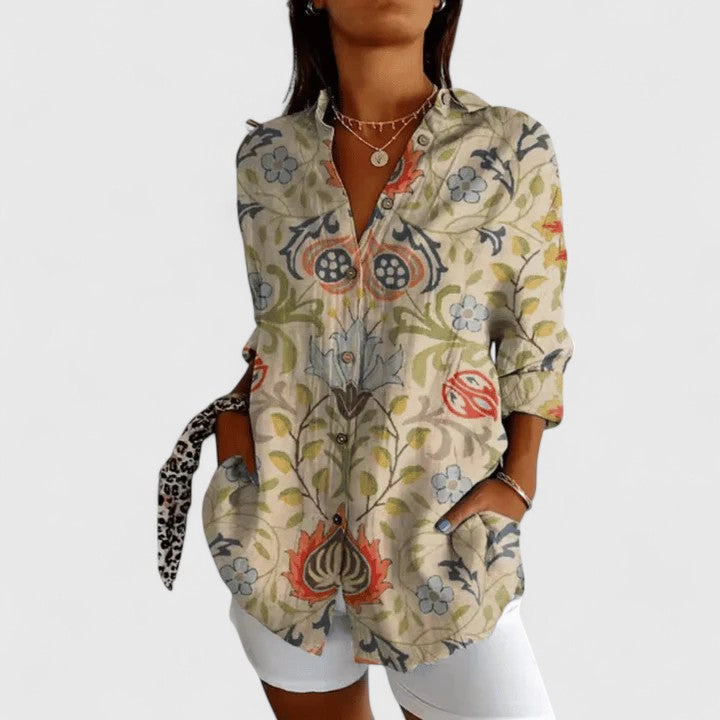 Davellia | Women's Geometric Print Button-Up Blouseant Floral Blouse