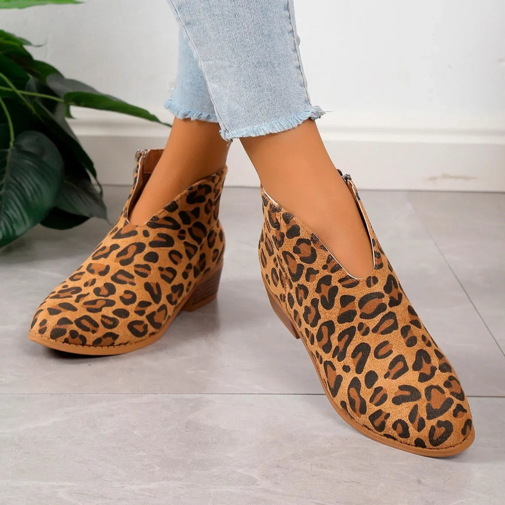 Davellia | Women’s Leopard Print Ankle Boots with Zipper