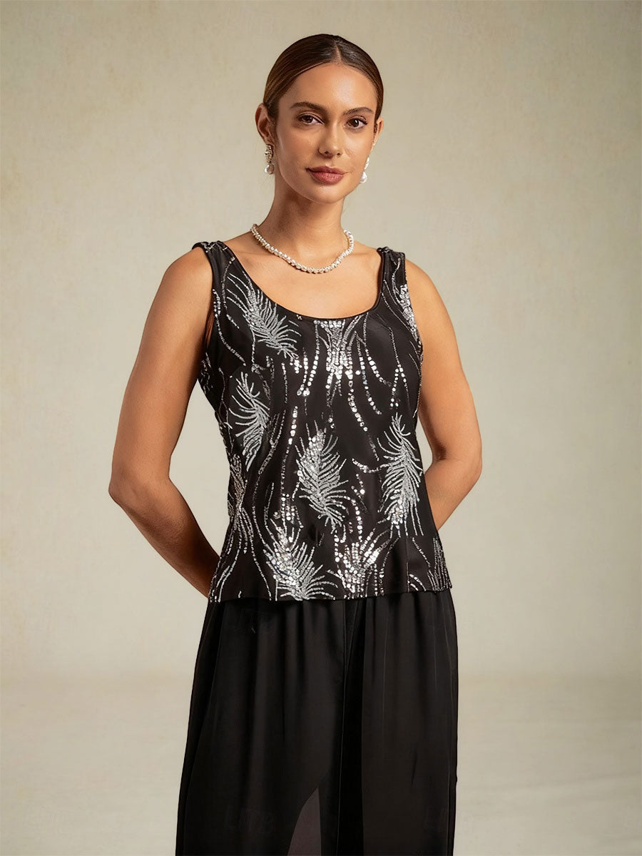 Davellia | Elegant Sequin Feather Print Twinset Blouse