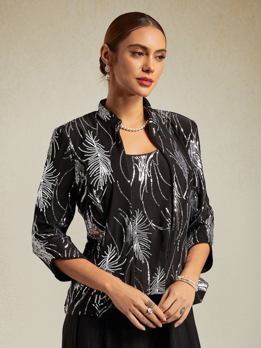 Davellia | Elegant Sequin Feather Print Twinset Blouse