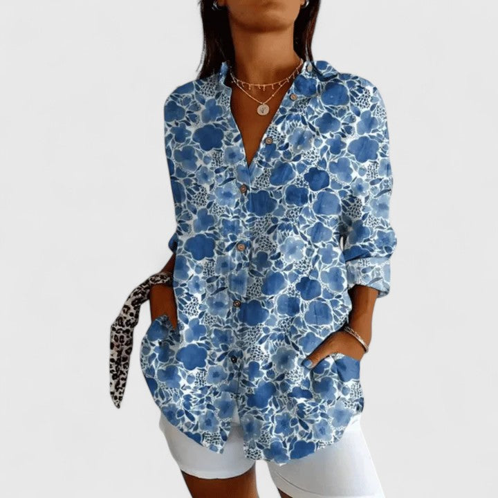 Davellia | Women's Geometric Print Button-Up Blouseant Floral Blouse