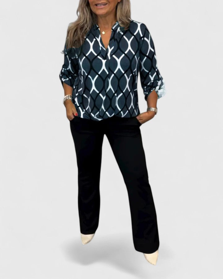 Davellia | Women’s Modern Geometric Print V-Neck Blouse