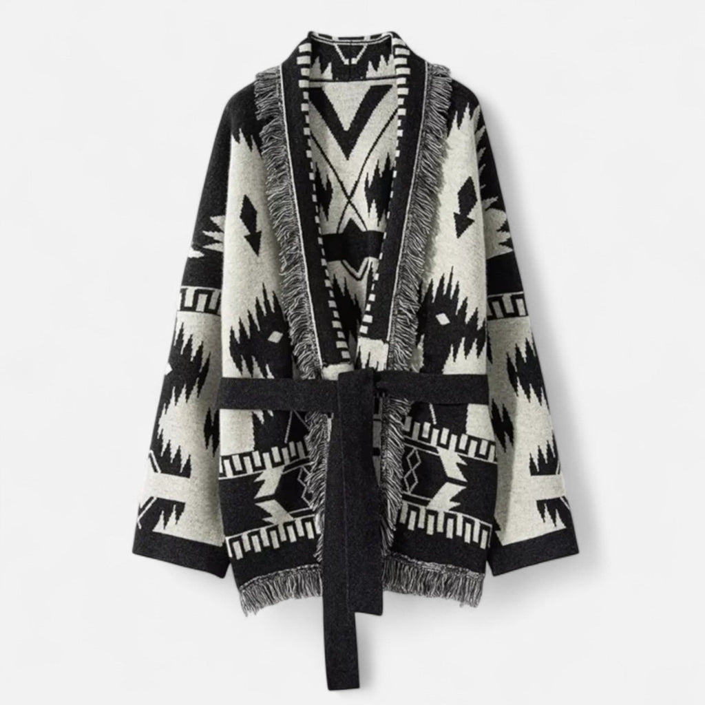 Davellia | Women’s 100% Cashmere Tassel Cardigan – Vintage Jacquard Elegance