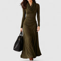 Davellia | Olive Green Turtleneck Pleated Maxi Dress
