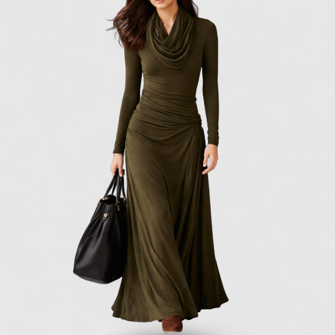Davellia | Olive Green Turtleneck Pleated Maxi Dress