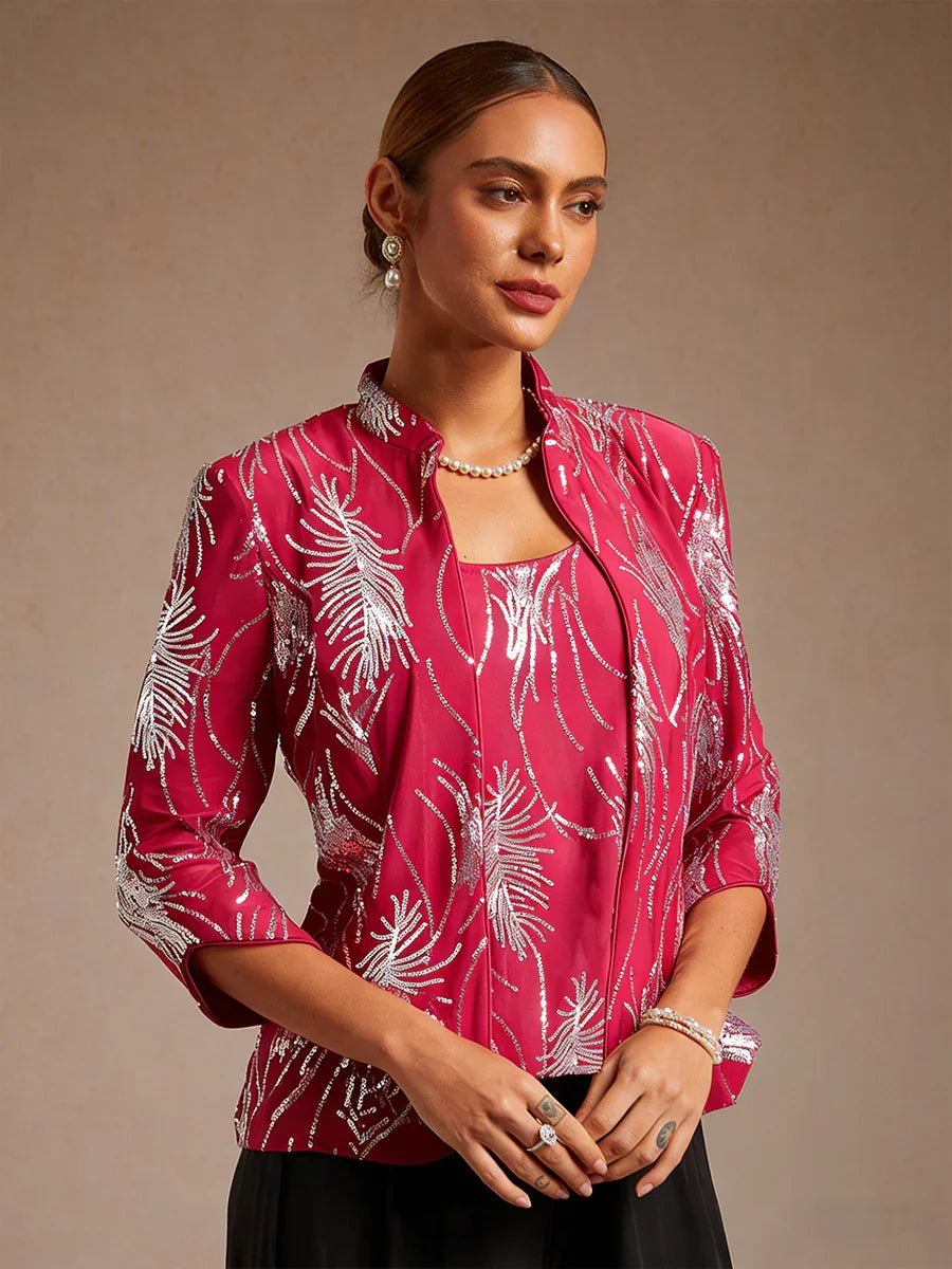 Davellia | Elegant Sequin Feather Print Twinset Blouse