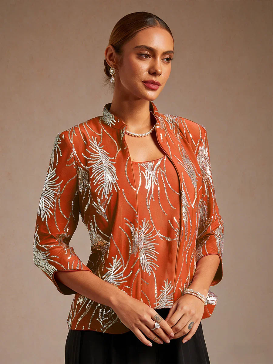 Davellia | Elegant Sequin Feather Print Twinset Blouse