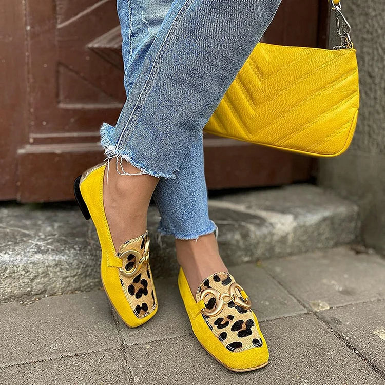 Davellia | Yellow Loafers with Animal Print Detail