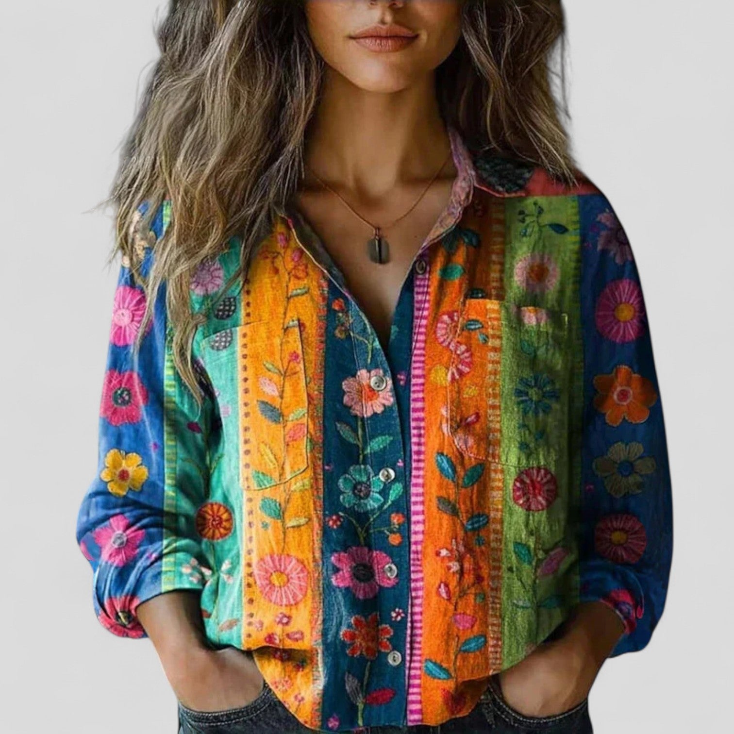 Davellia | Women's Boho Floral Patchwork Button-Up Blouse