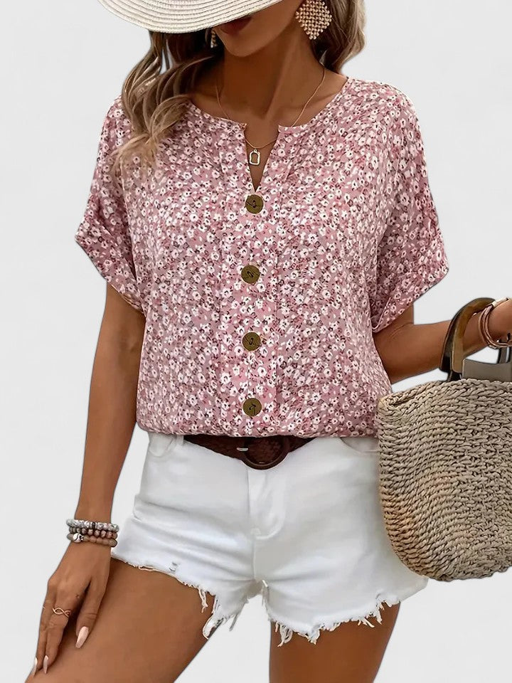 Davellia | Women's Casual Floral Button V-Neck Top