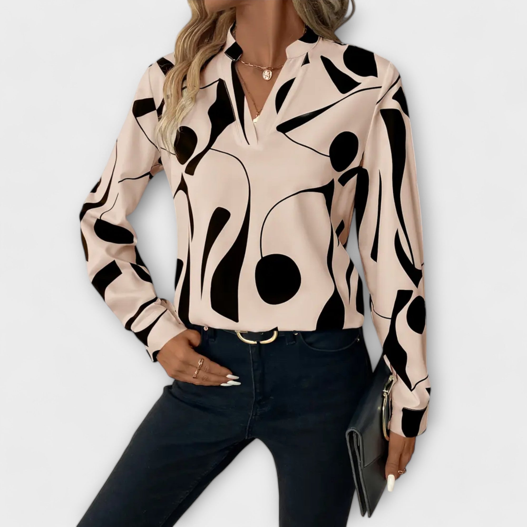 Davellia | Women's Elegant Abstract Print V-Neck Blouse
