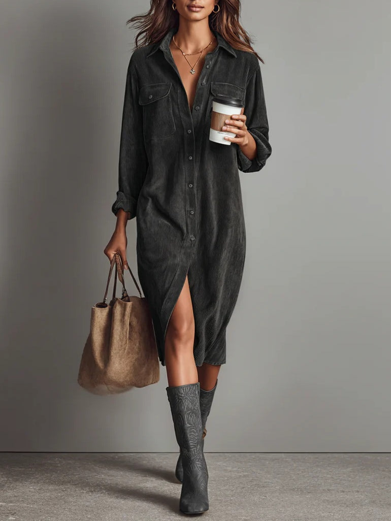 Davellia | Loose Corduroy Double Chest Pocket Midi Dress