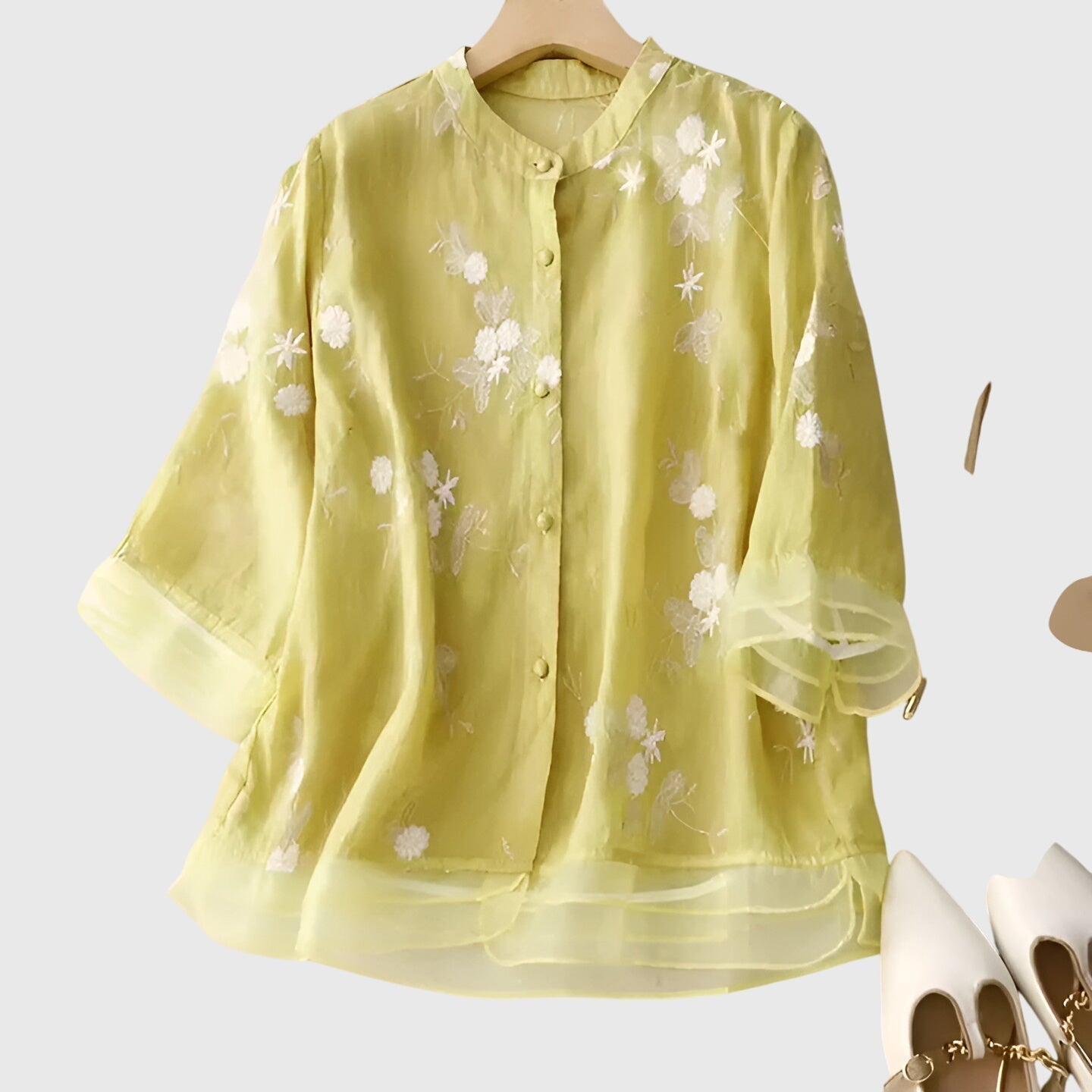 Davellia | Women's Elegant Floral Embroidered Button Blouse