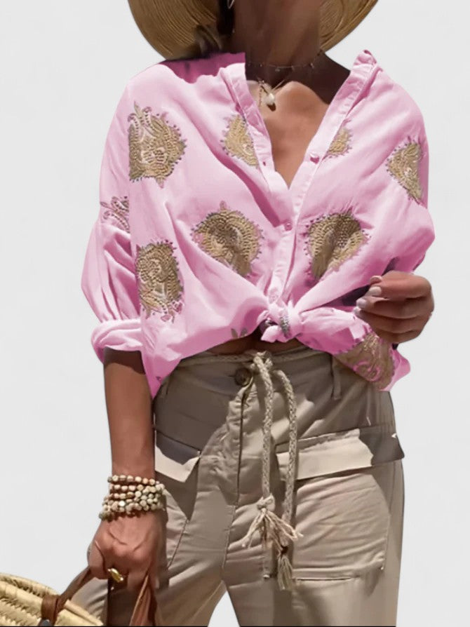 Davellia | Women's Boho Printed V-Neck Button Blouse