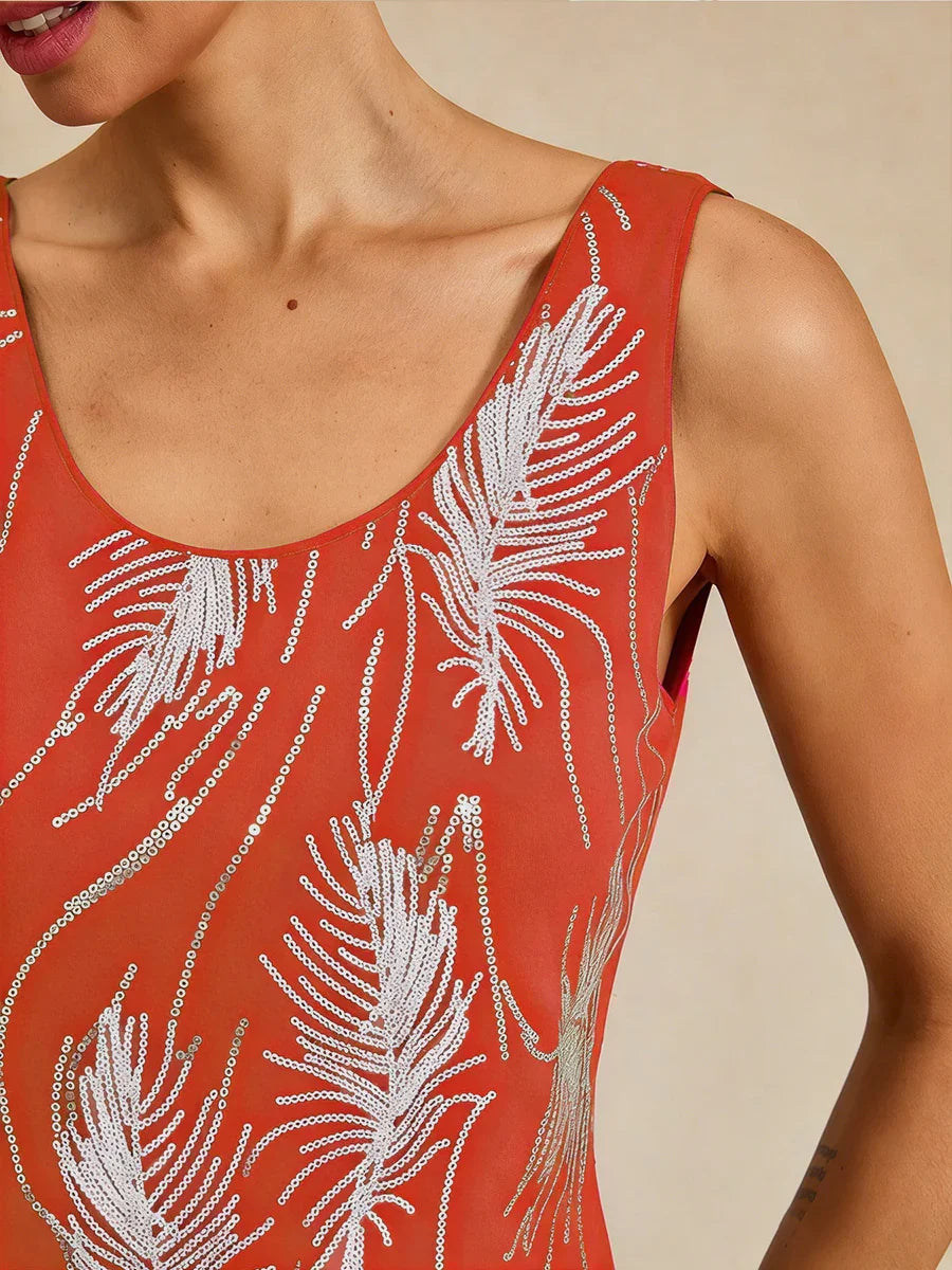 Davellia | Elegant Sequin Feather Print Twinset Blouse