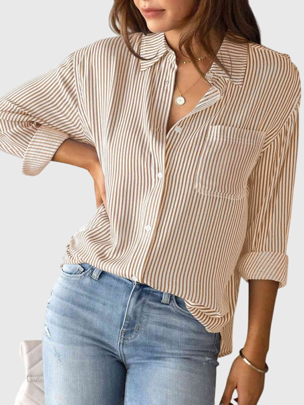 Davellia | Collared Striped V-Neck Blouse