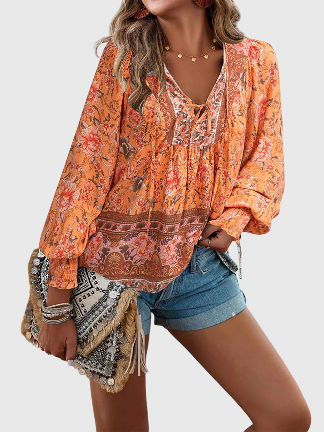 Davellia | Women's Boho Floral V-Neck Blouse