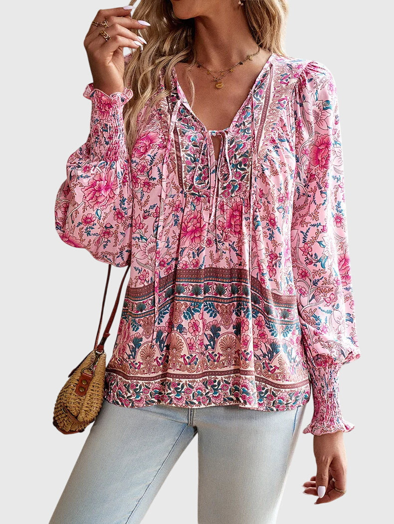 Davellia | Women's Boho Floral V-Neck Blouse