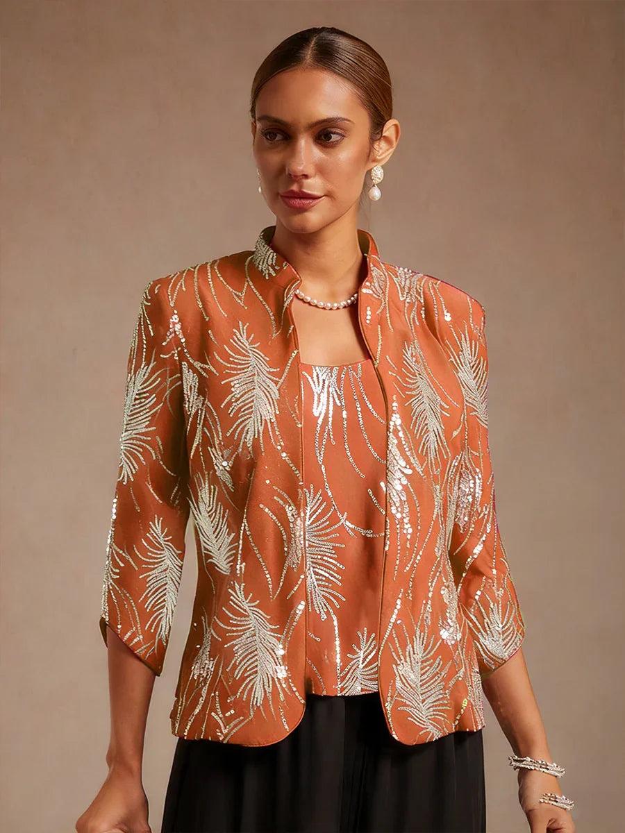 Davellia | Elegant Sequin Feather Print Twinset Blouse