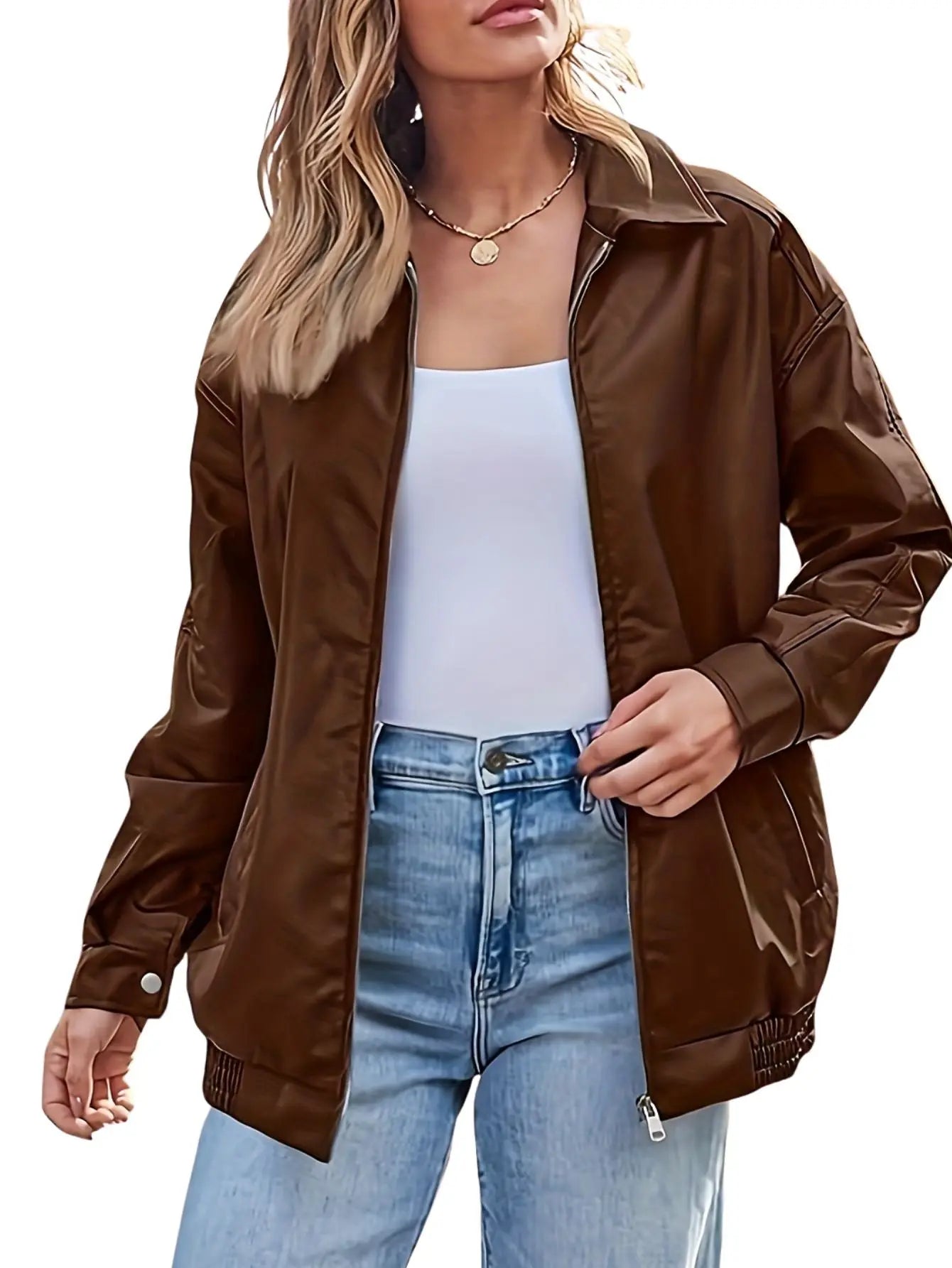 Davellia | Women’s Classic Oversized Leather Bomber jacket