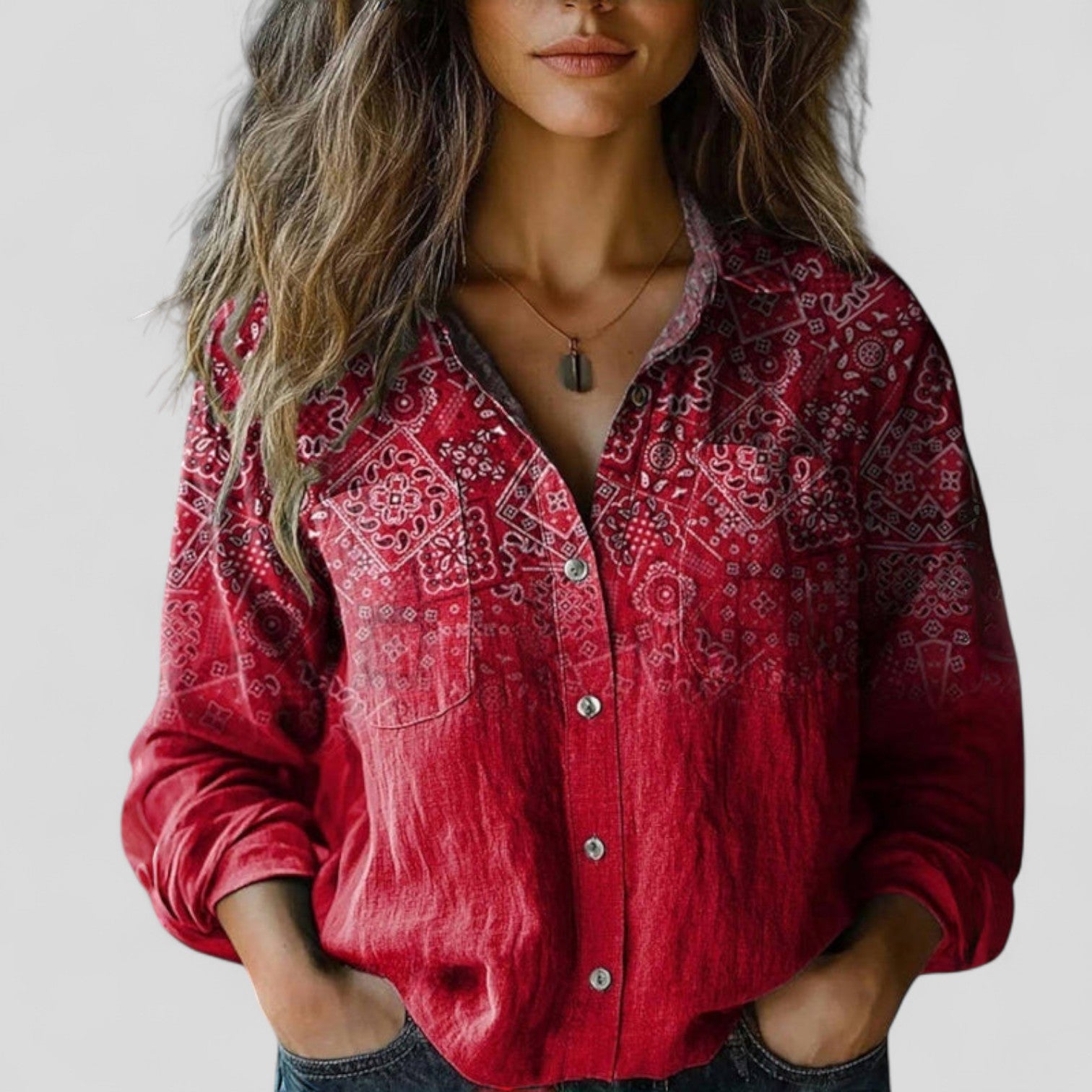 Davellia | Women's Boho Floral Patchwork Button-Up Blouse