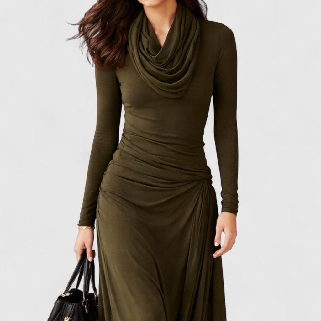 Davellia | Olive Green Turtleneck Pleated Maxi Dress