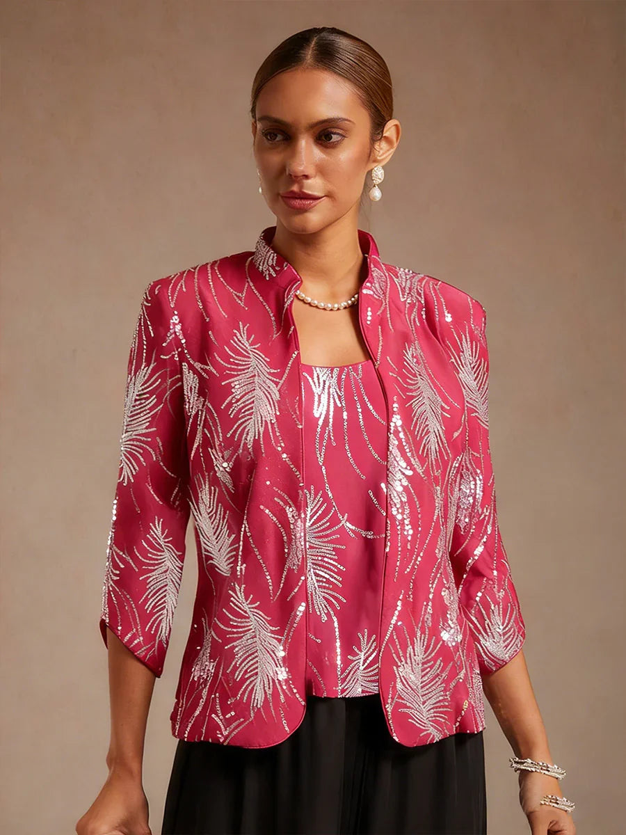Davellia | Elegant Sequin Feather Print Twinset Blouse