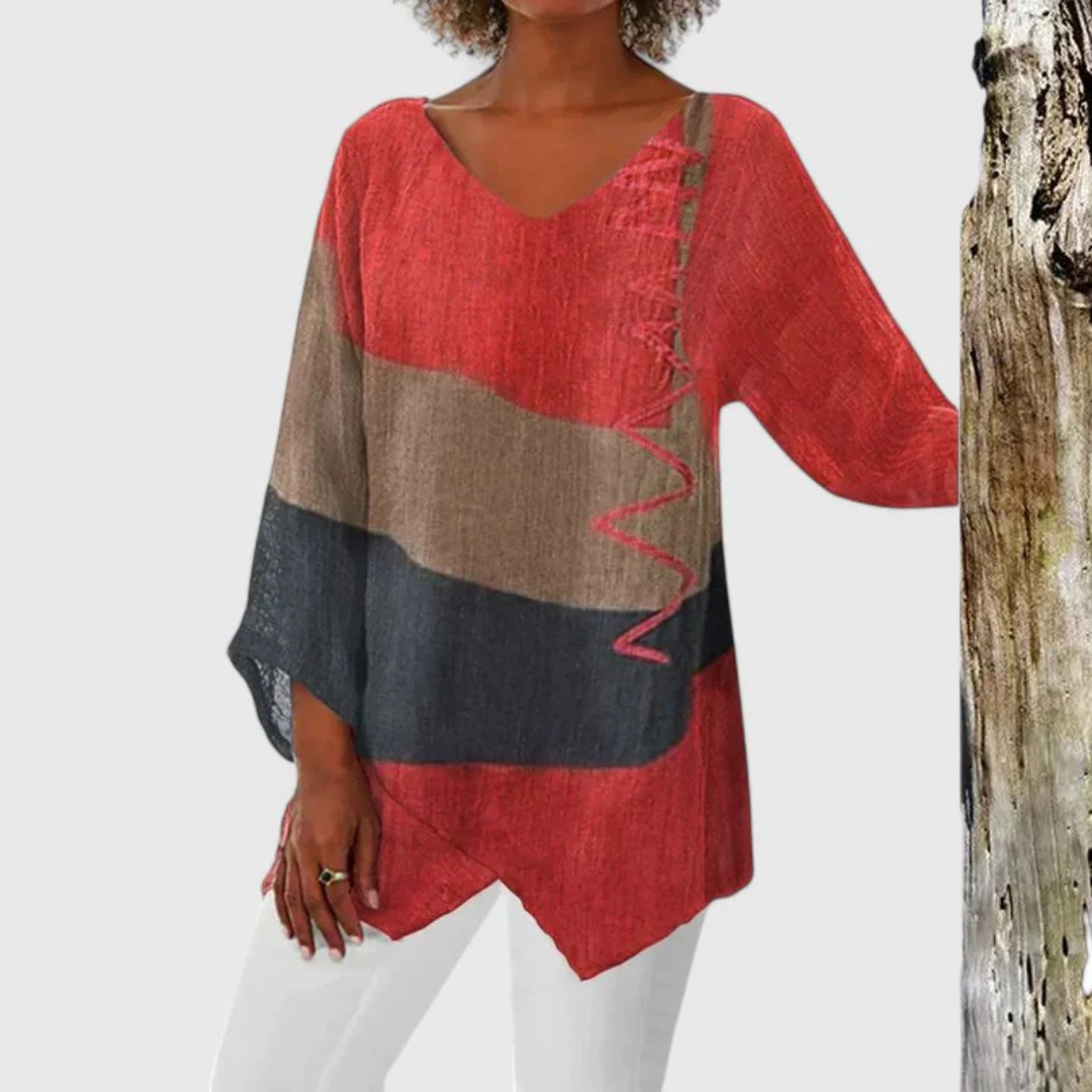 Davellia | Women's Flowy Color Block V-Neck Tunic Blouse