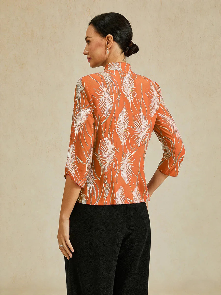 Davellia | Elegant Sequin Feather Print Twinset Blouse