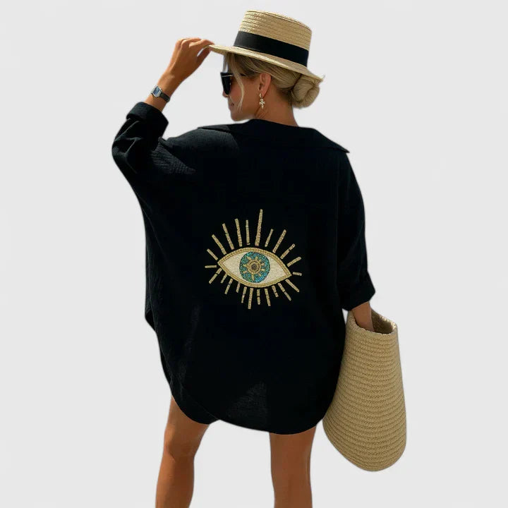 Davellia | Women’s Boho Evil Eye Linen Shirt