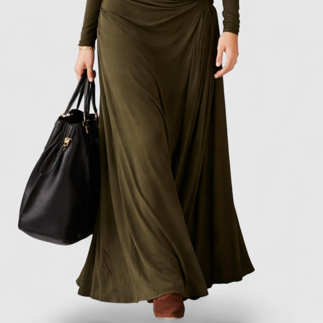 Davellia | Olive Green Turtleneck Pleated Maxi Dress