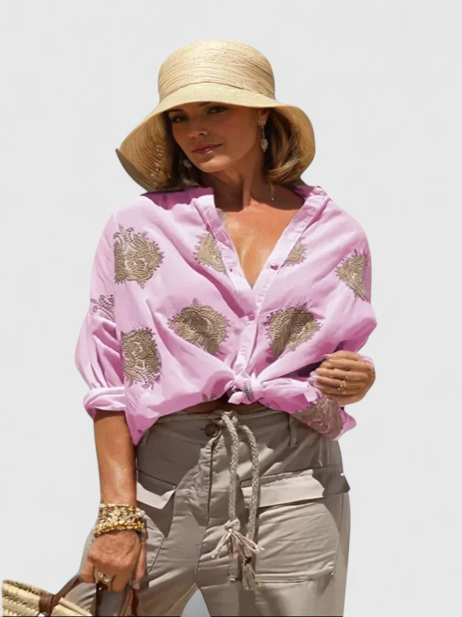 Davellia | Women's Boho Printed V-Neck Button Blouse