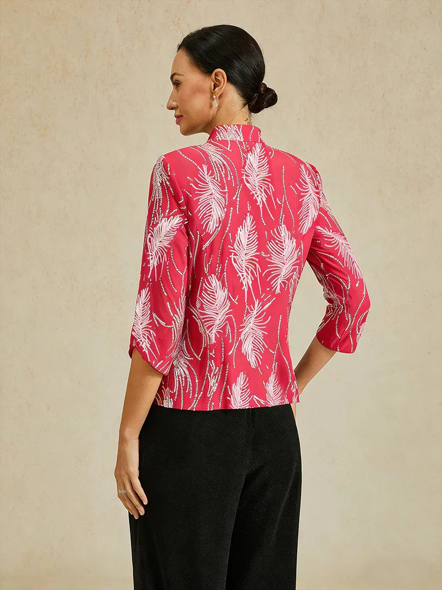 Davellia | Elegant Sequin Feather Print Twinset Blouse