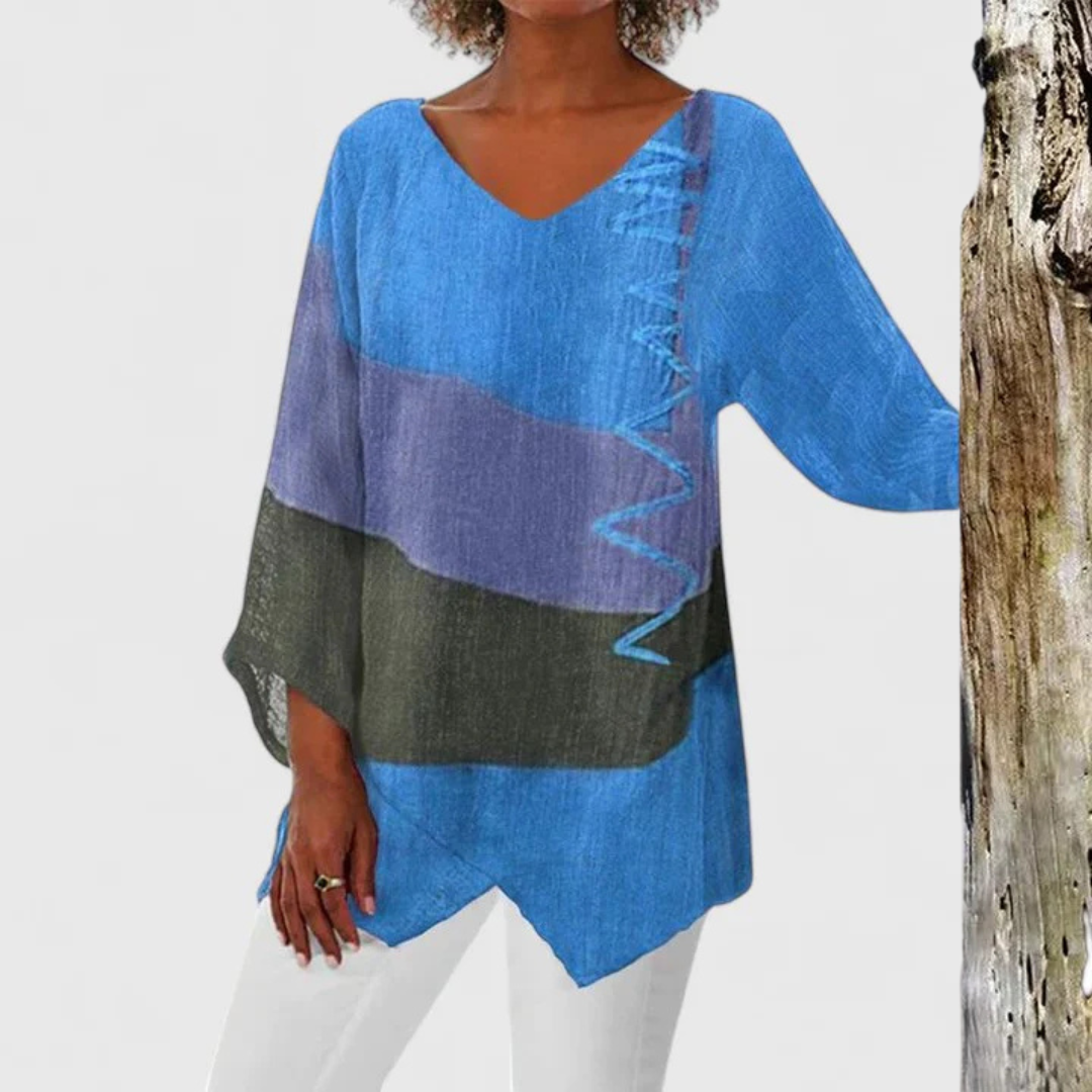 Davellia | Women's Flowy Color Block V-Neck Tunic Blouse