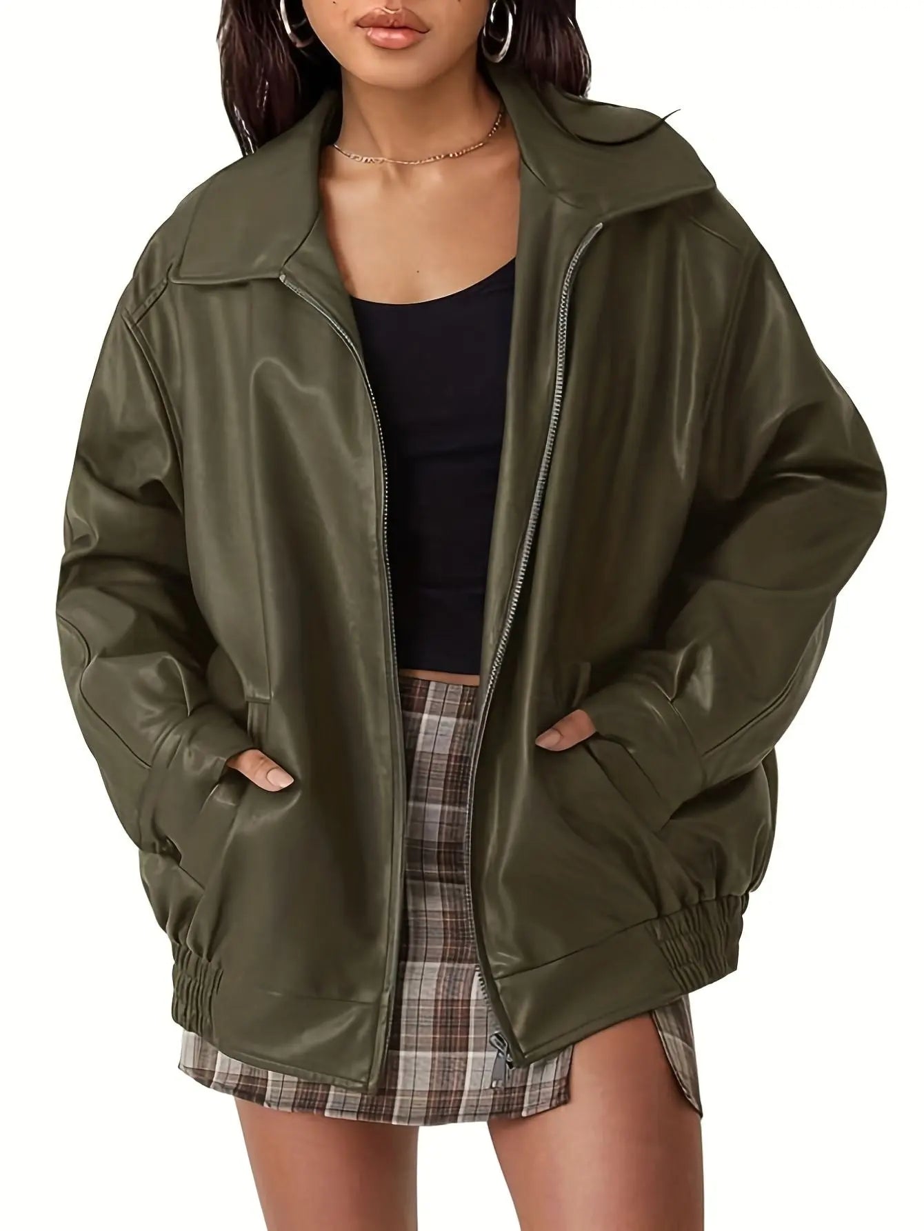 Davellia | Women’s Classic Oversized Leather Bomber jacket