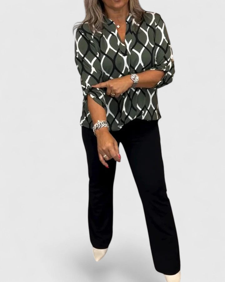 Davellia | Women’s Modern Geometric Print V-Neck Blouse