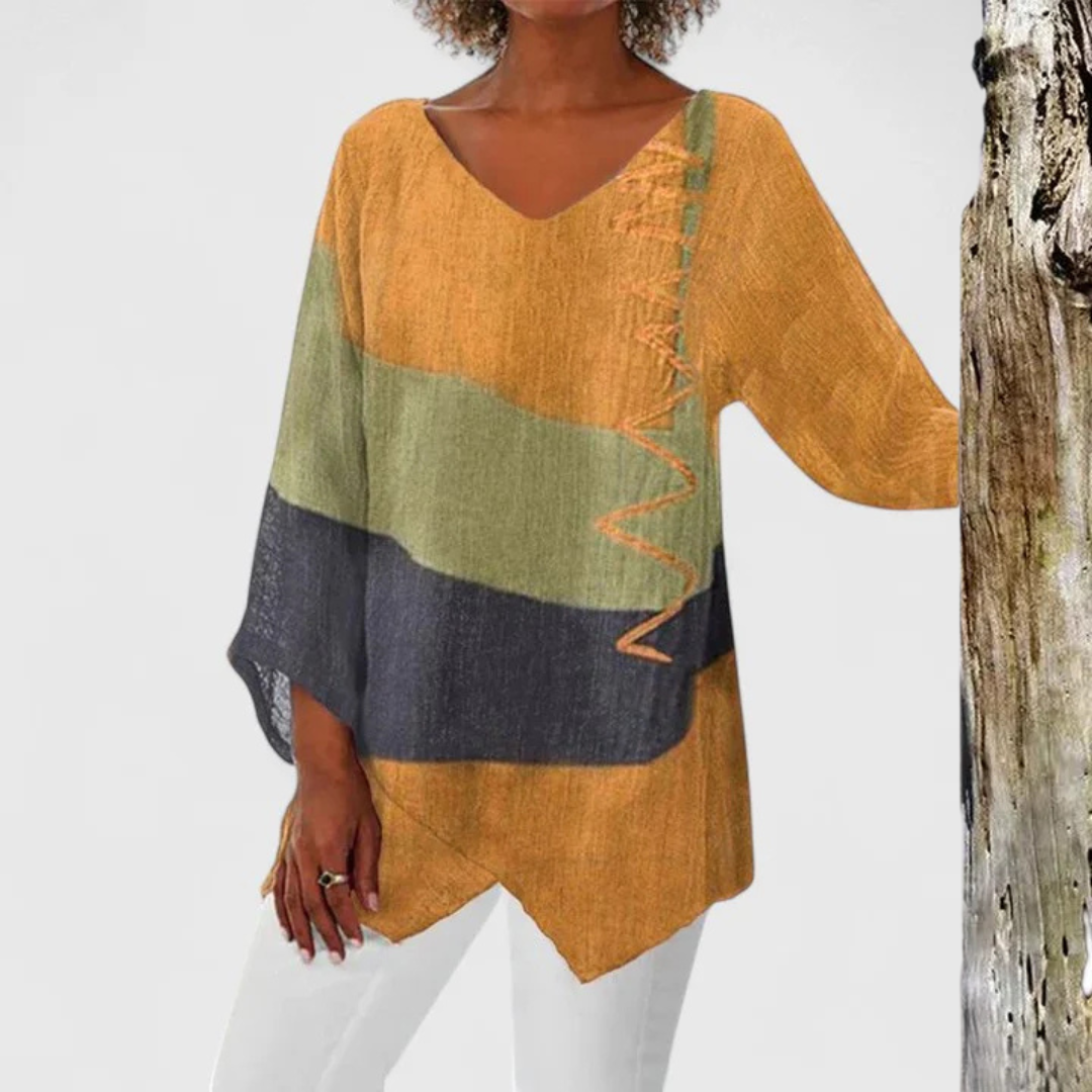 Davellia | Women's Flowy Color Block V-Neck Tunic Blouse
