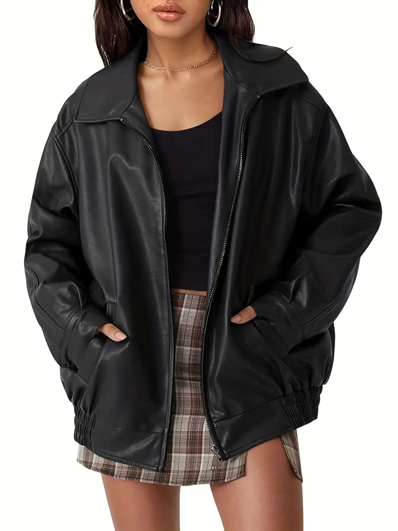 Davellia | Women’s Classic Oversized Leather Bomber jacket